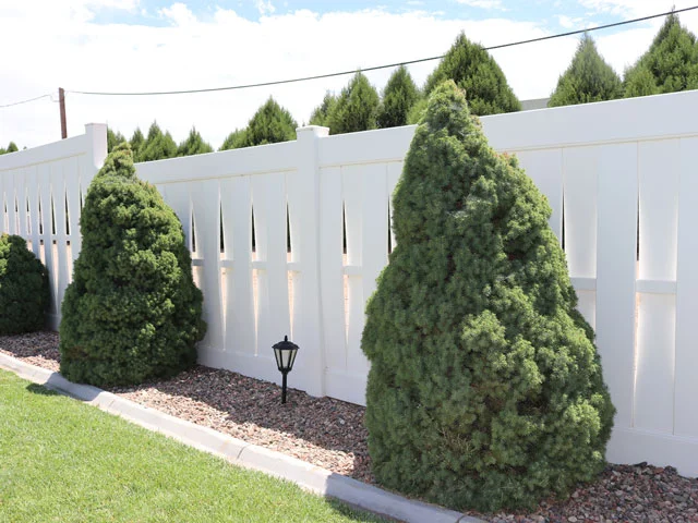 Up-close view of vinyl vertical basketweave fencing